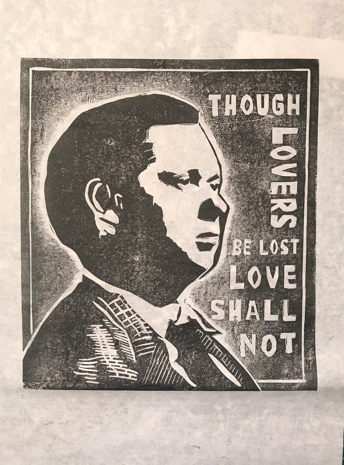 Image of Dylan Thomas. Though Lovers Be Lost. Hand Made. Original A4 linocut print.
