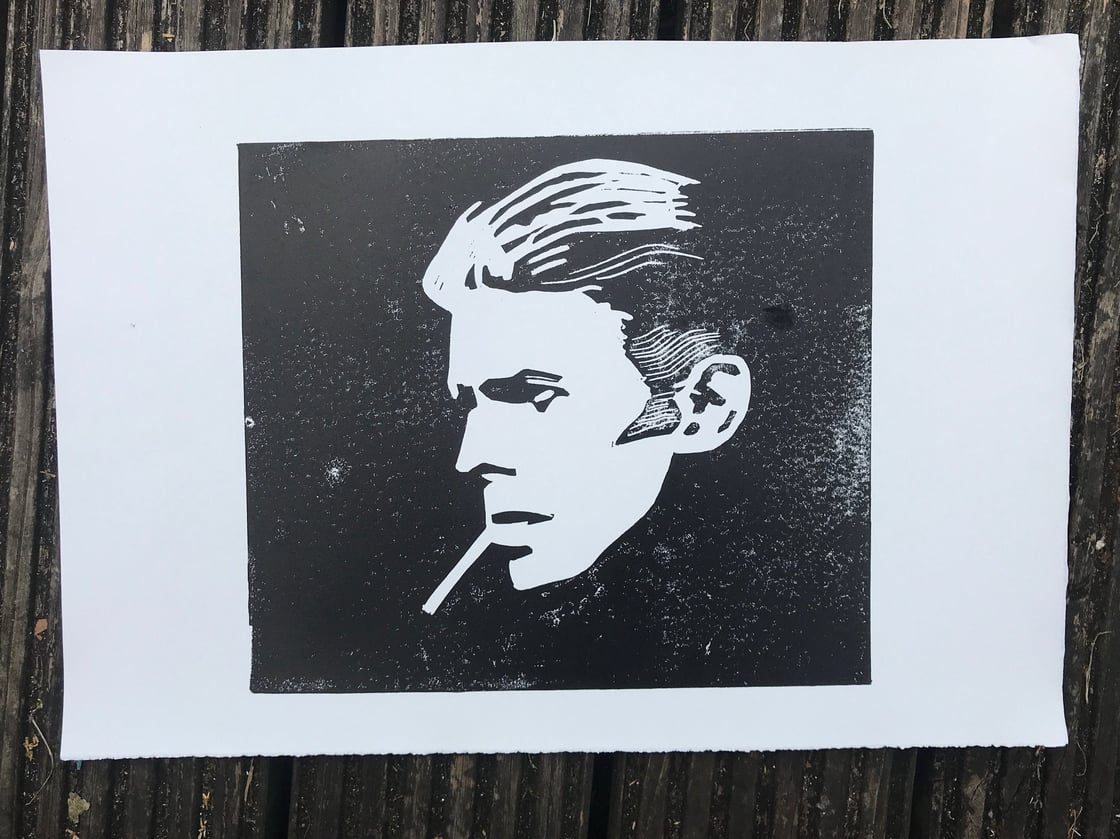 Image of David Bowie. Run for the Shadows. Hand Made. Original A4 linocut print on Zerkall paper.