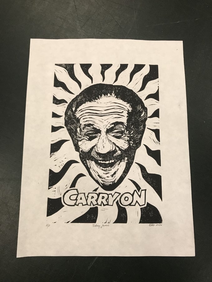 Image of Sid James. Carry On. Hand Made. Original A3. linocut print. Limited and Signed. Art.