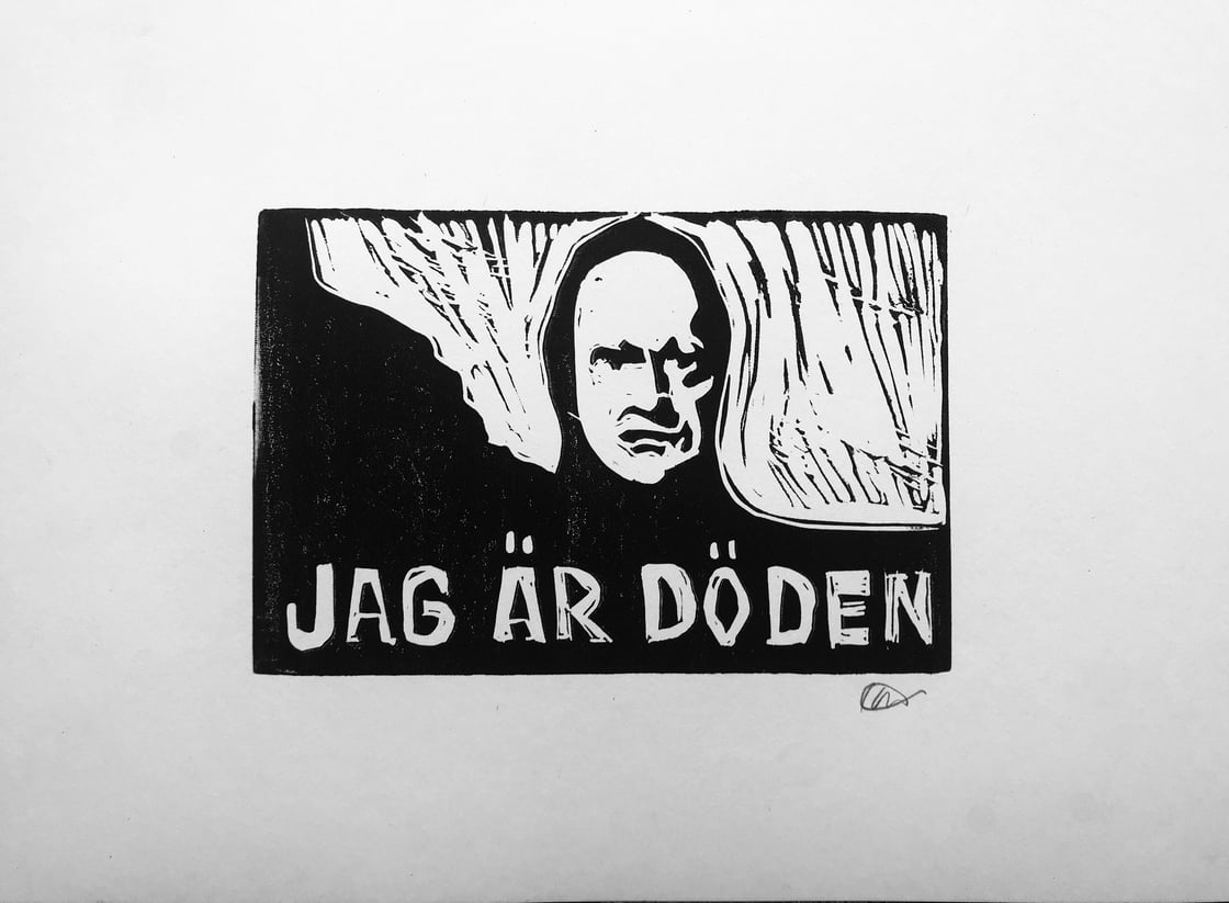 Image of The Seventh Seal. Jag är Döden. Hand-made. Linocut print. A4 acid free paper.