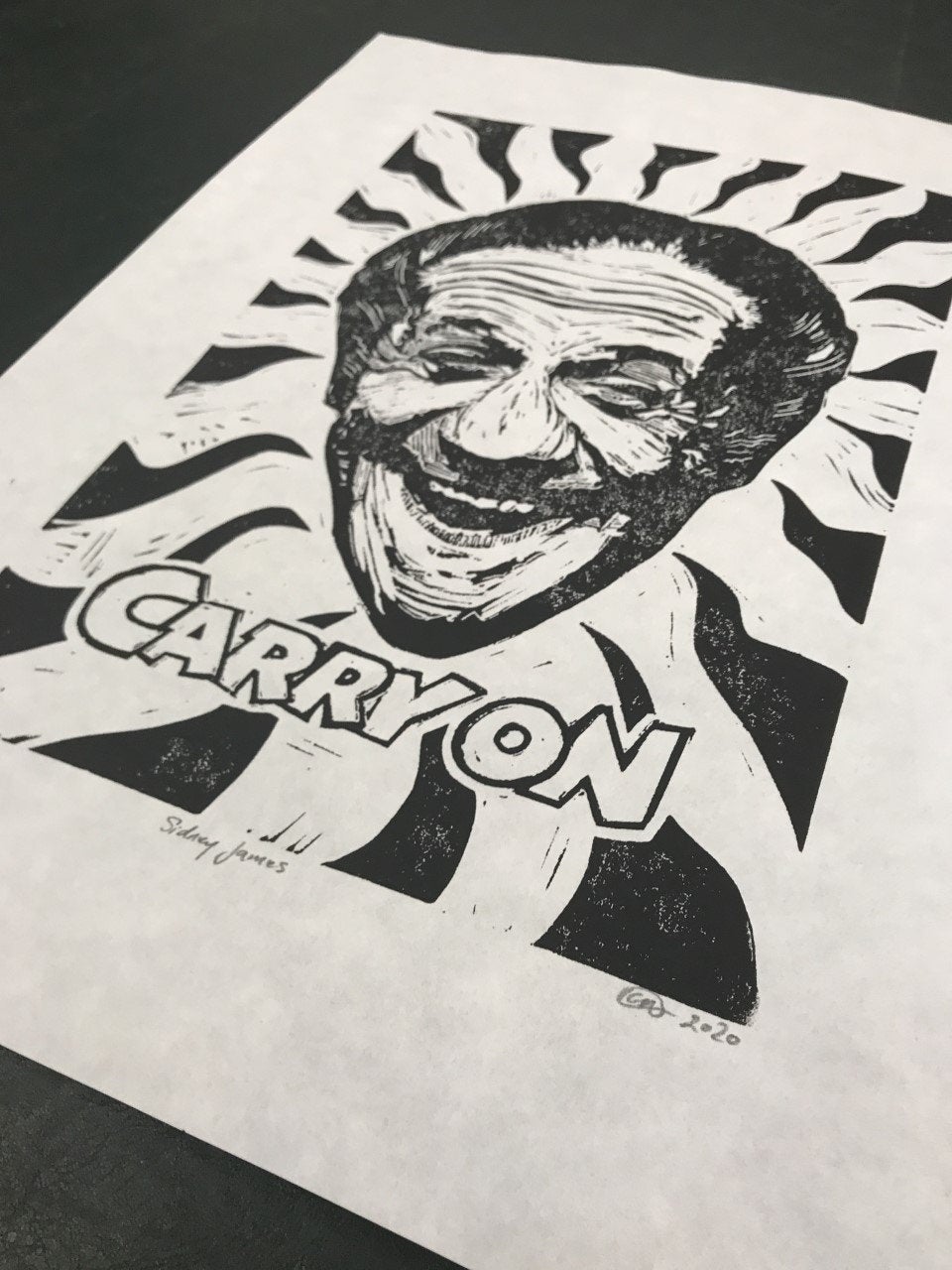Image of Sid James. Carry On. Hand Made. Original A3. linocut print. Limited and Signed. Art.