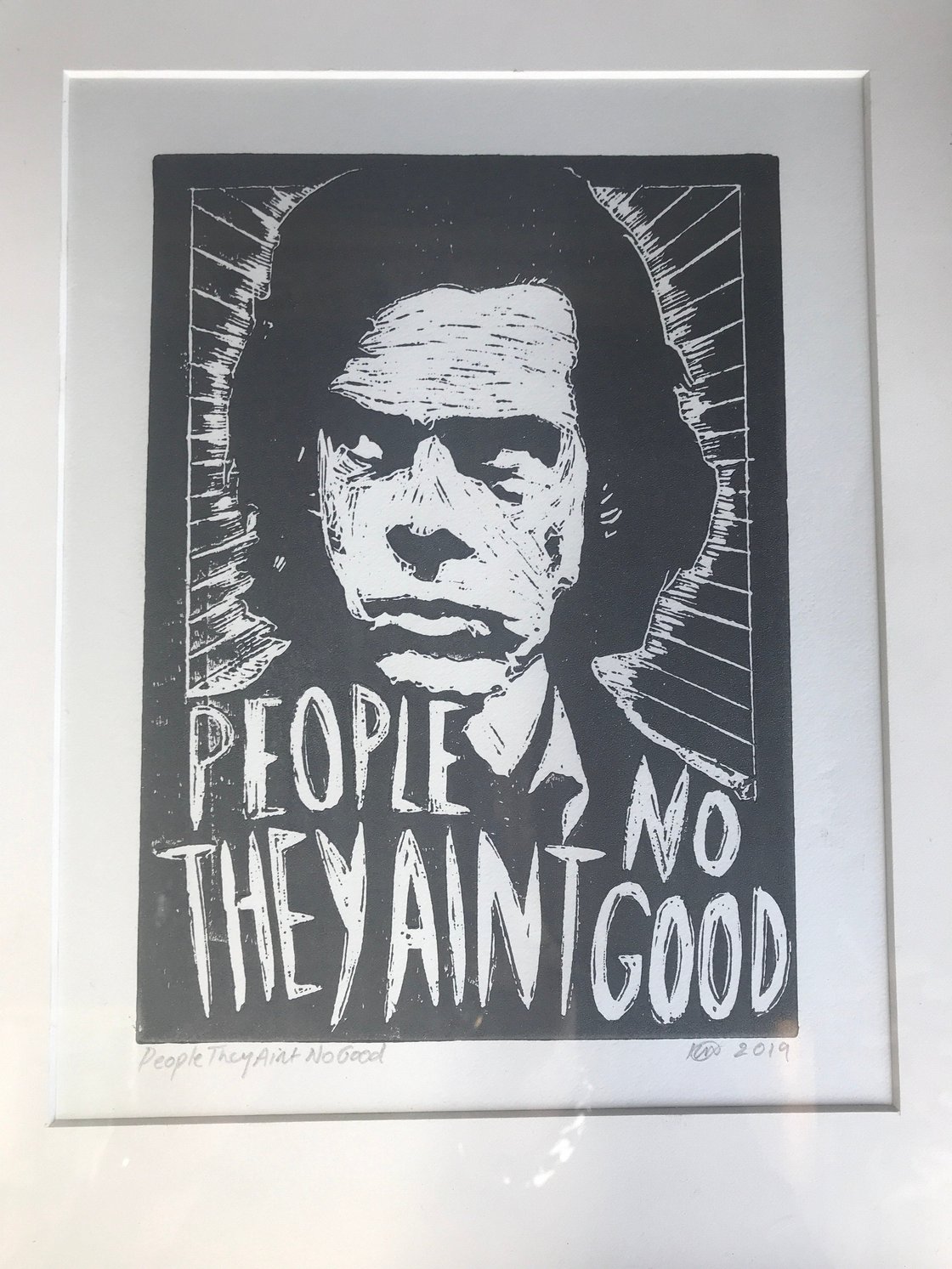 Image of Nick Cave. Hand Made. Original A4 linocut print. Limited and Signed. Art.