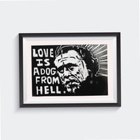 Image 2 of Charles Bukowski - Love is a Dog from Hell. Handmade Linocut print on acid free paper.