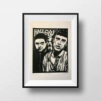Image 2 of Happy Mondays. Shaun &amp; Bez. Hand Made. Original A4 linocut print. Limited and Signed. Art.