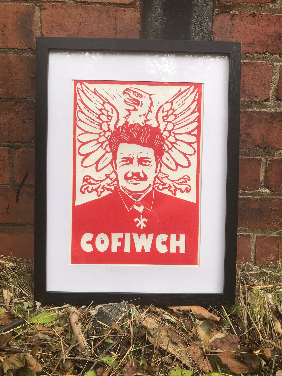 Image of Cofiwch Cayo. Yr Eryr Wen. (coch) Cymru. Wales. A4 Handmade Linocut print.
