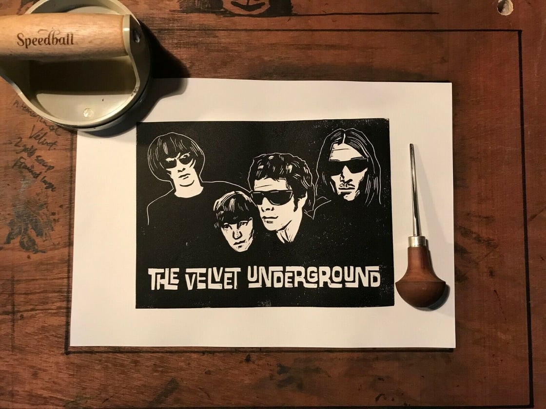 Image of The Velvet Underground. Original lino cut print. A4 acid free paper. Signed.