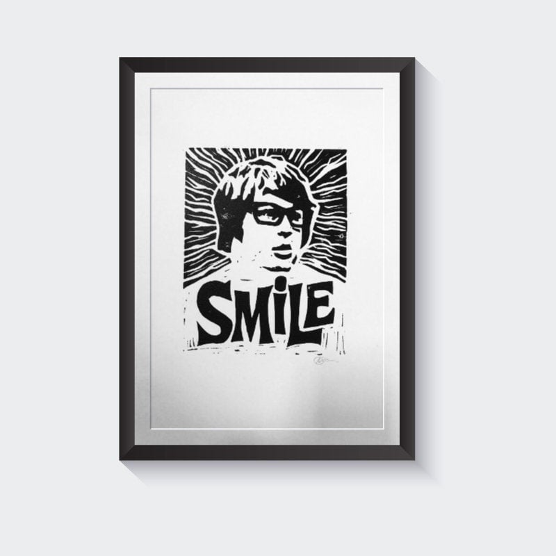 Image of Brian Wilson. Beach Boys. Smile. Hand Made. Original linocut print.
