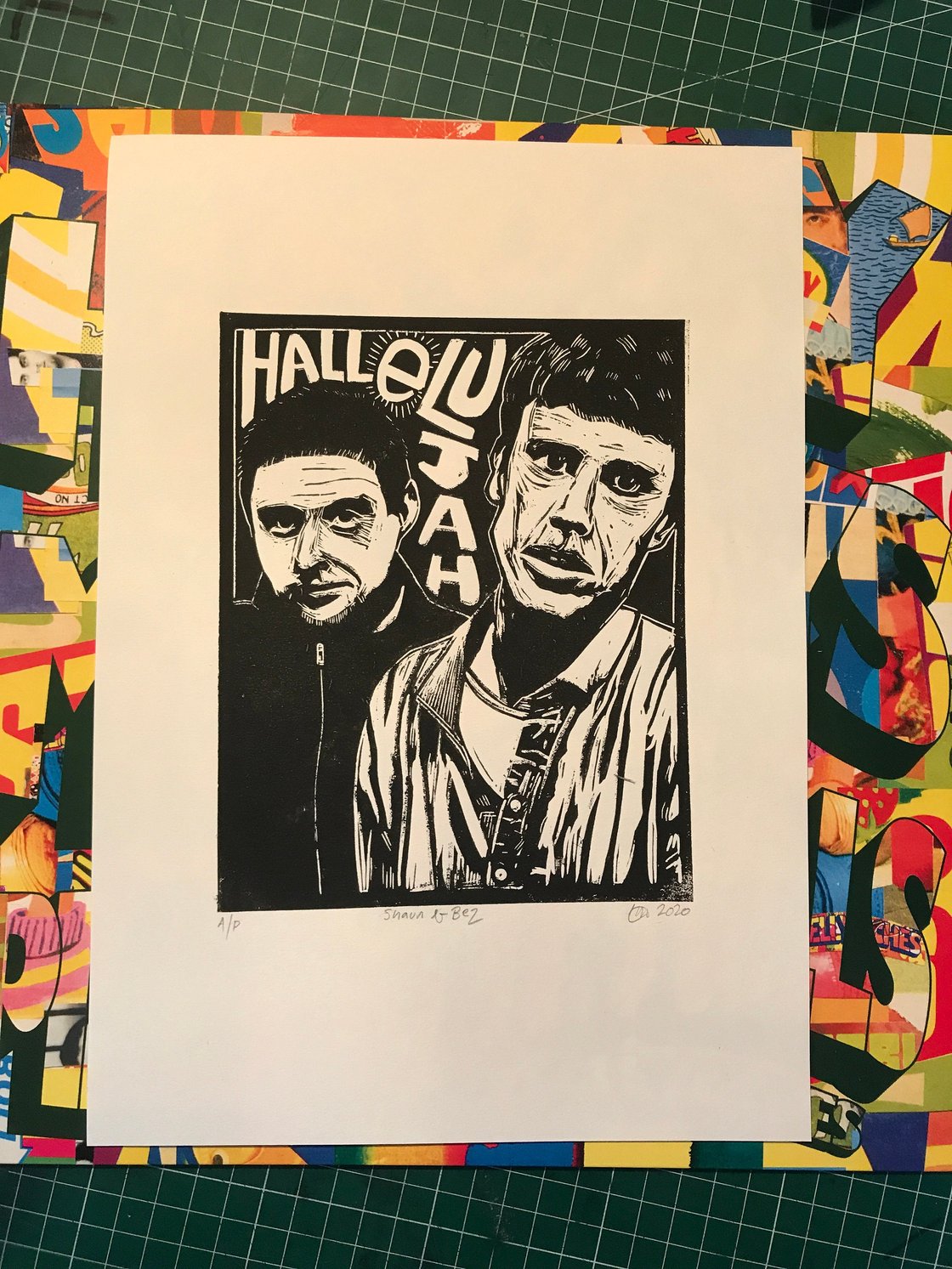 Image of Happy Mondays. Shaun &amp; Bez. Hand Made. Original A4 linocut print. Limited and Signed. Art.
