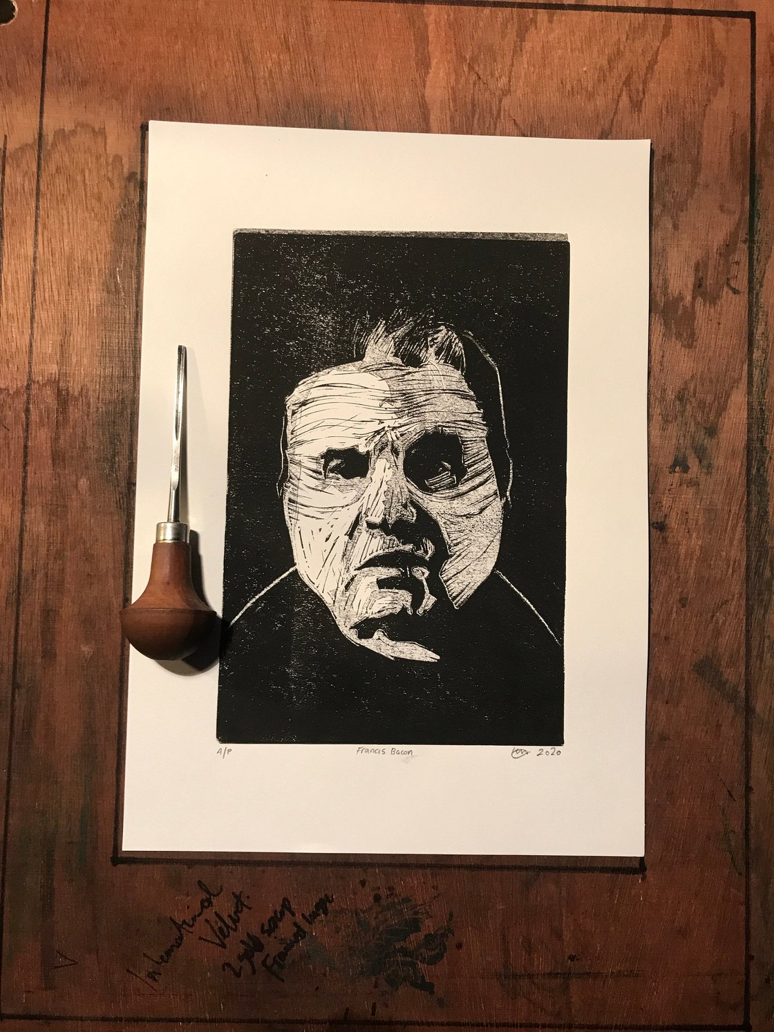 Image of Francis Bacon. Original lino cut print. A4 acid free paper. Artists Proof.