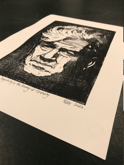 Image of David Lynch. Negativity is the Enemy of Creativity. Twin Peaks. Hand Made. Original A4 linocut print