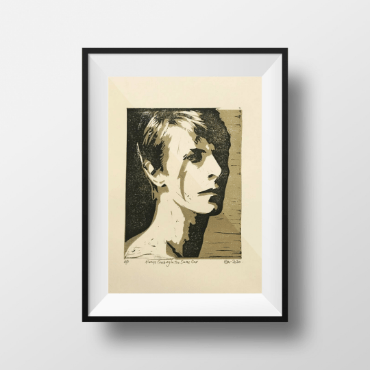 Image of David Bowie. Always Crashing in the Same Car. Hand Made. Original A4 linocut print. Limited and Sign
