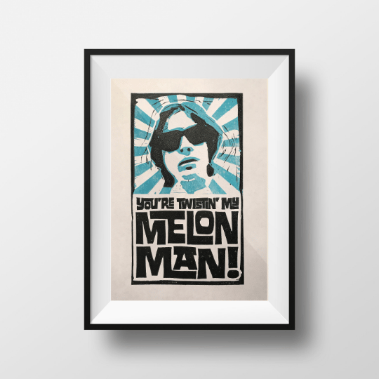 Image of Happy Mondays. Step On. Twistin' My Melon Man. Hand Made. Original A4 linocut print. Limited and Sig