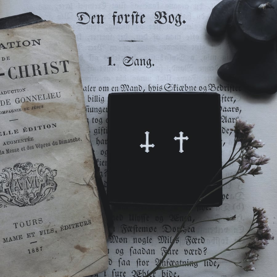 Image of MEMENTO MORI & IROM OTNEMEM. EAR STUDS ↟ silver - miniature trefoil cross & or reversed crucifix