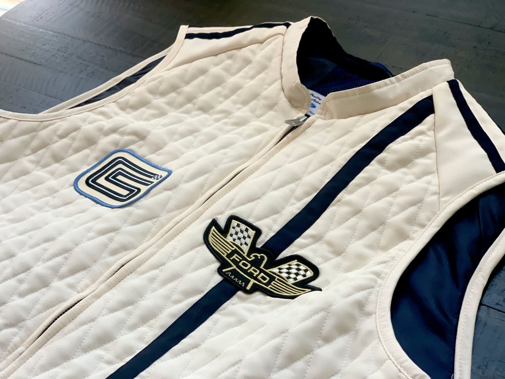 Image of Ford v. Ferrari Carroll Shelby Crew Vest - White with Blue Stripes