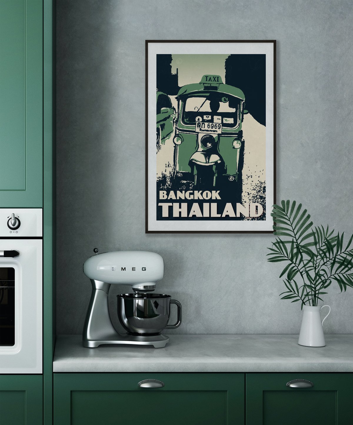 Image of Vintage poster Thailand - Bangkok Tuktuk Tropical Green - Fine Art Print