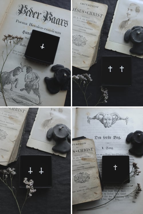 Image of MEMENTO MORI & IROM OTNEMEM. EAR STUDS ↟ silver - miniature trefoil cross & or inverted crucifix