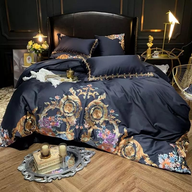 Navy Dark Blue Embroidered Bedding, Blue And Gold Duvet Cover