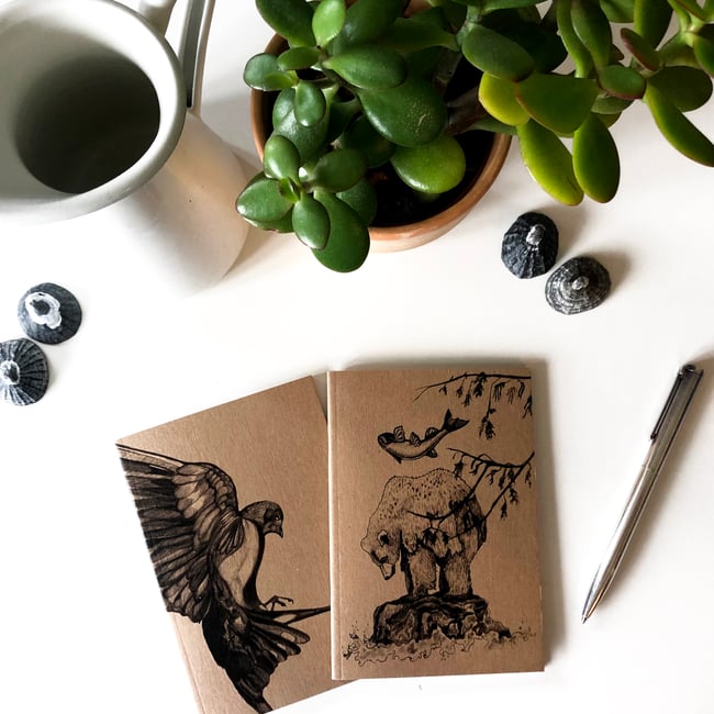 Bear & salmon and Bird in flight A6 Notebooks