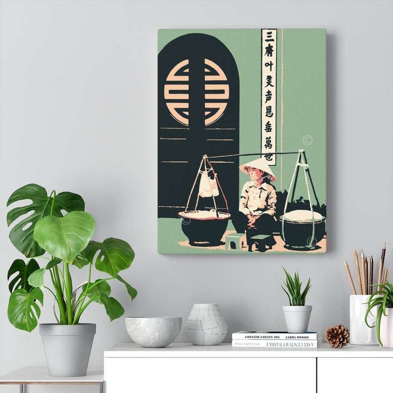 Image of Vintage poster Vietnam symbol of luck and happiness - Jade color - Canvas Gallery Wraps 12"x16"