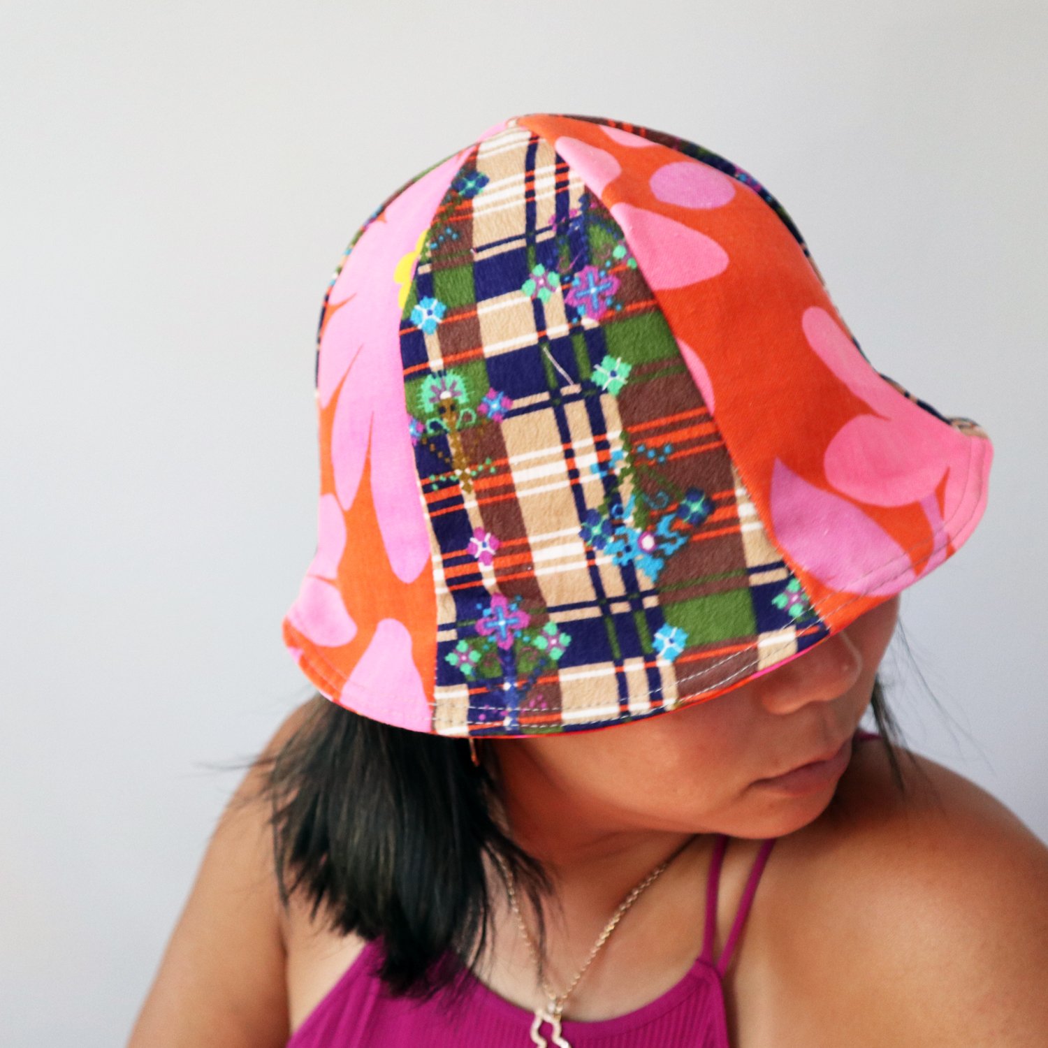 plaid flower power bold tween teen adult vintage fabric six panel bucket  hat buckethat