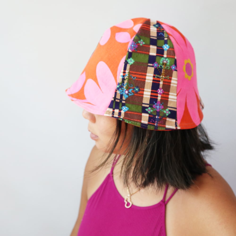 Image of plaid flower power bold tween teen adult vintage fabric six panel bucket hat buckethat