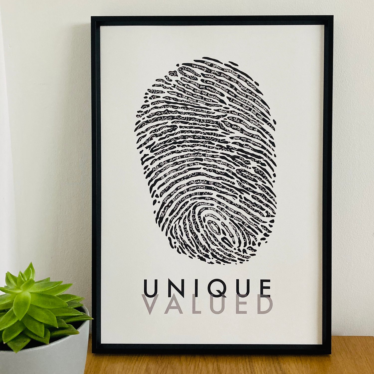 Image of Fingerprint Monochrome Scripture Art Print - UNIQUE, VALUED - Psalm 139