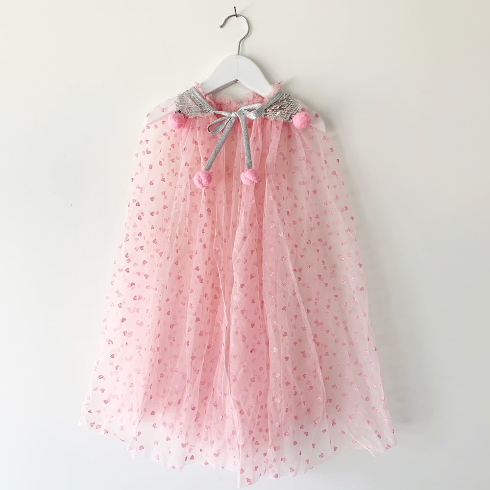 Image of Valentine’s Magic Cape - Hearts with Silver Collar and Pink Poms