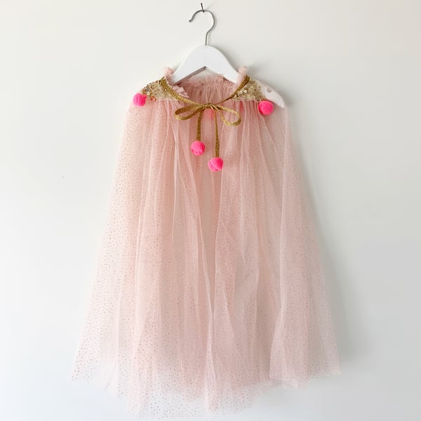 Image of Magic cape - blush with gold sequins and hot pink poms