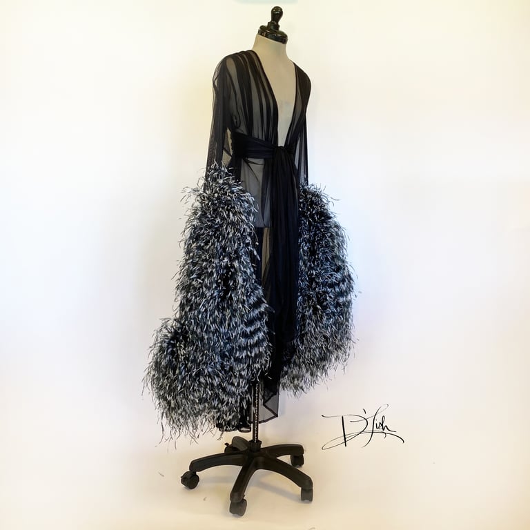 Black/White Ostrich "Cassie" Sheer Dressing Gown PRE-ORDER FOR DECEMBER