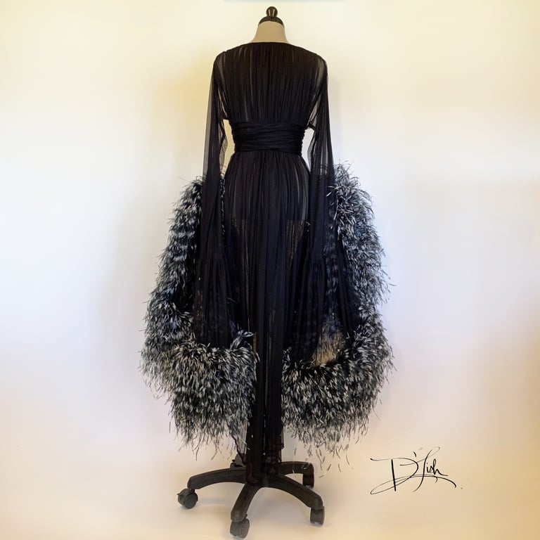 Black/White Ostrich "Cassie" Sheer Dressing Gown PRE-ORDER FOR DECEMBER Image 2