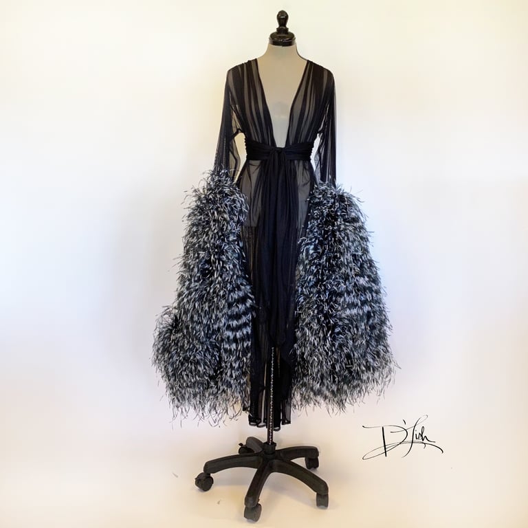 Black/White Ostrich "Cassie" Sheer Dressing Gown Image 3
