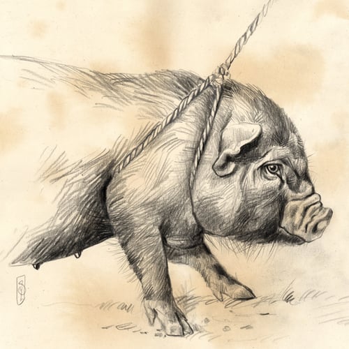 Image of Original Painting - "Petit cochon noir au marché de Laomeng" - 29x29 cm