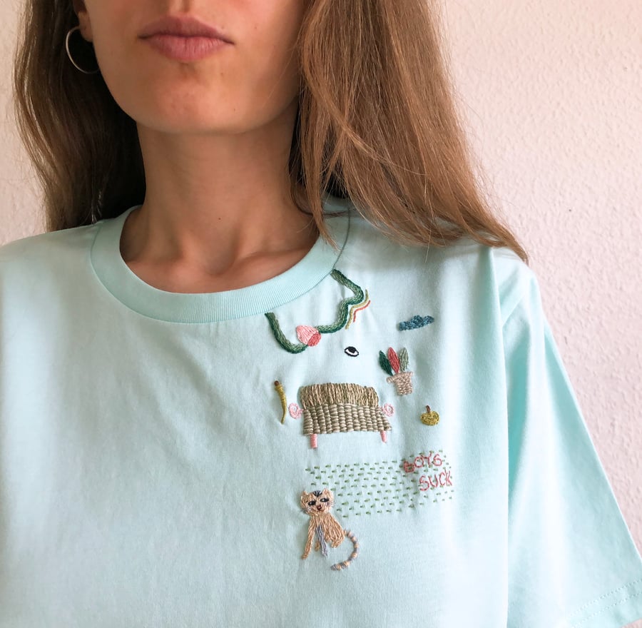 Image of Boys suck - hand embroidered t-shirt, made of 100% organic cotton, GOTS certified 