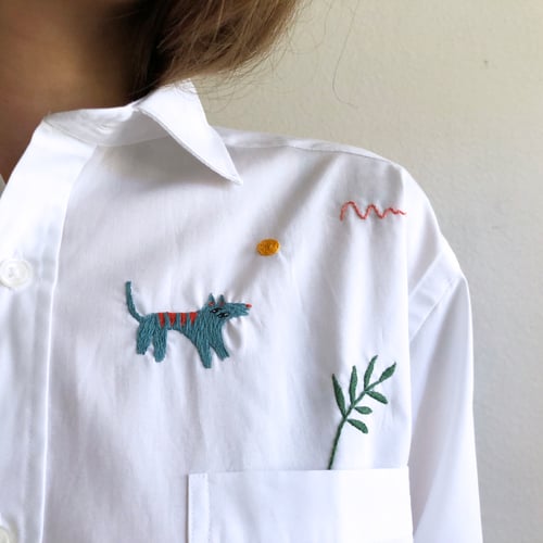 Image of Hybrid dog on a sunset - hand embroidered 100% cotton shirt, unisex design