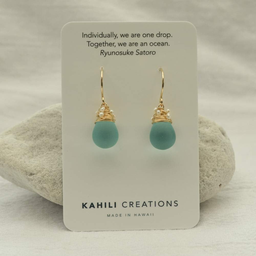 Image of Aqua frosted glass earrings with seed pearls  14kt yellow or rose gold-filled