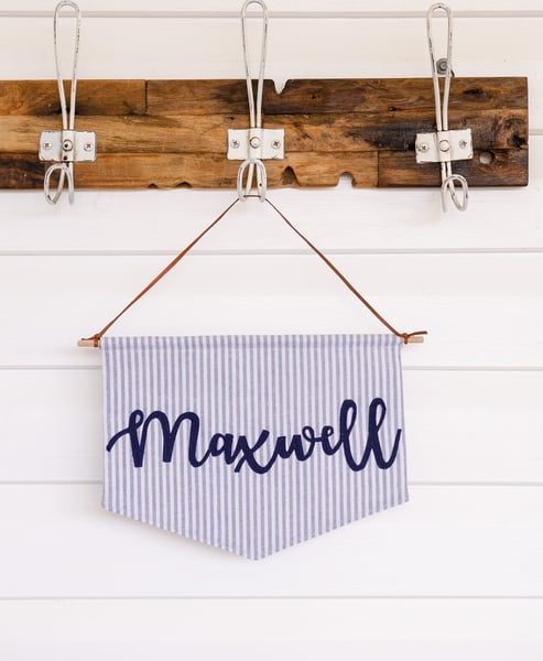 Image of Stripe Name Banner - with olive green or navy blue script 