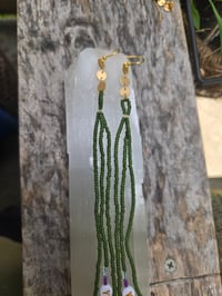 Image 3 of Long beaded green YEM earrings