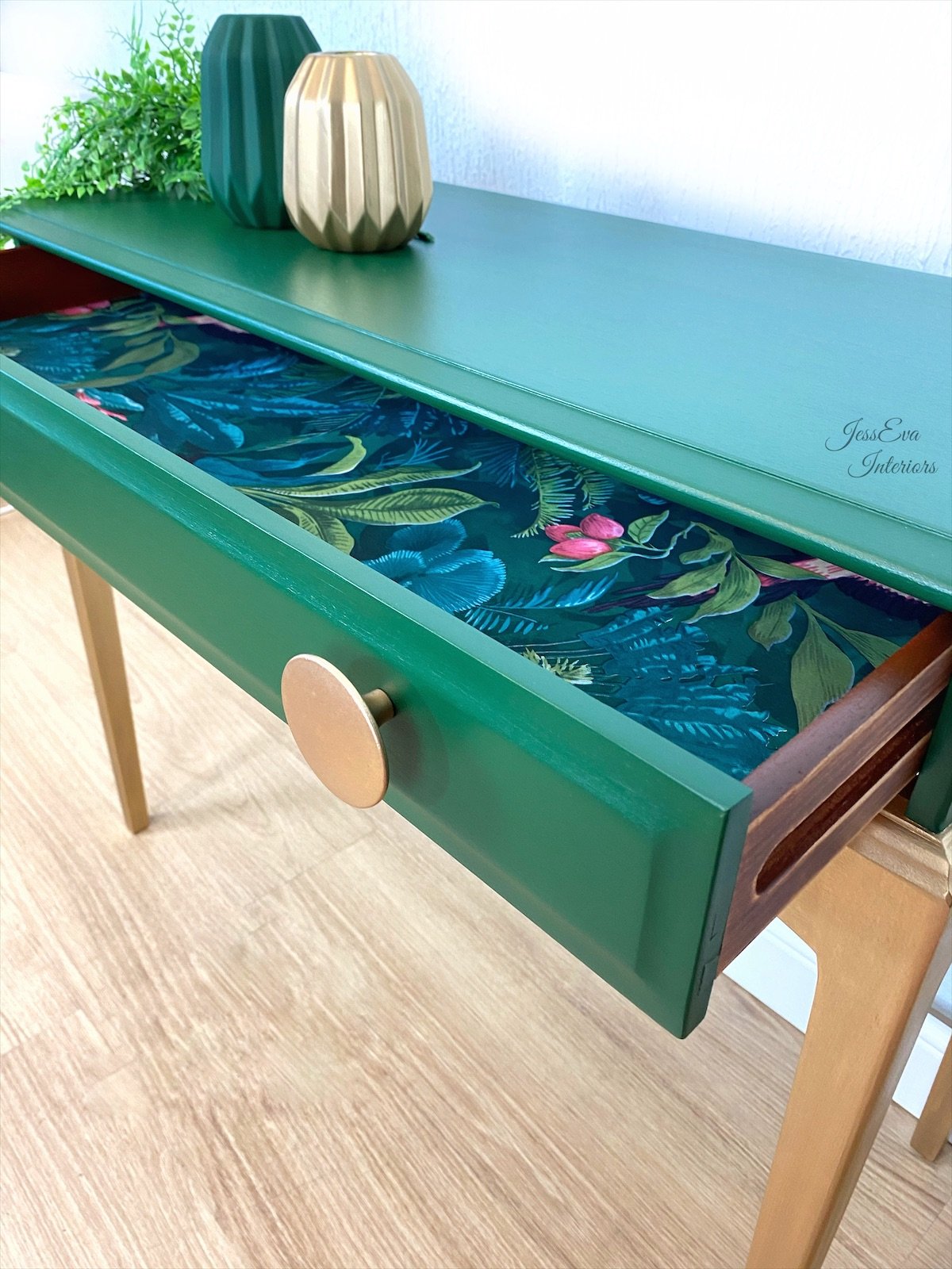 Stag Minstrel Console Table / Hallway Table painted in Dark Emerald Green with Gold Gilded legs emerald green console table