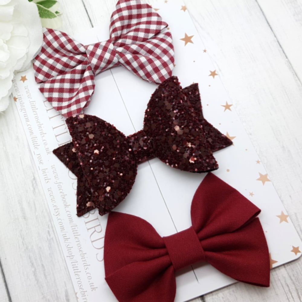Image of Burgundy School Bows - Choice of Headband or Clip