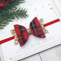 Image 1 of Red & Gold Tartan Bow - Choice of Headband or Clip