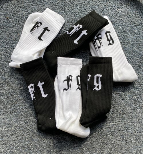 Image of TFG White Socks with Black Letters 