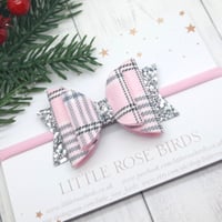 Image 2 of Pink & Silver Tartan Bow - Choice of Headband or Clip