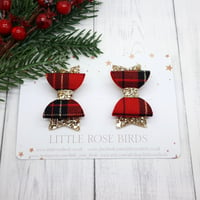Image 2 of Red Tartan & Gold Glitter Pigtail Bows