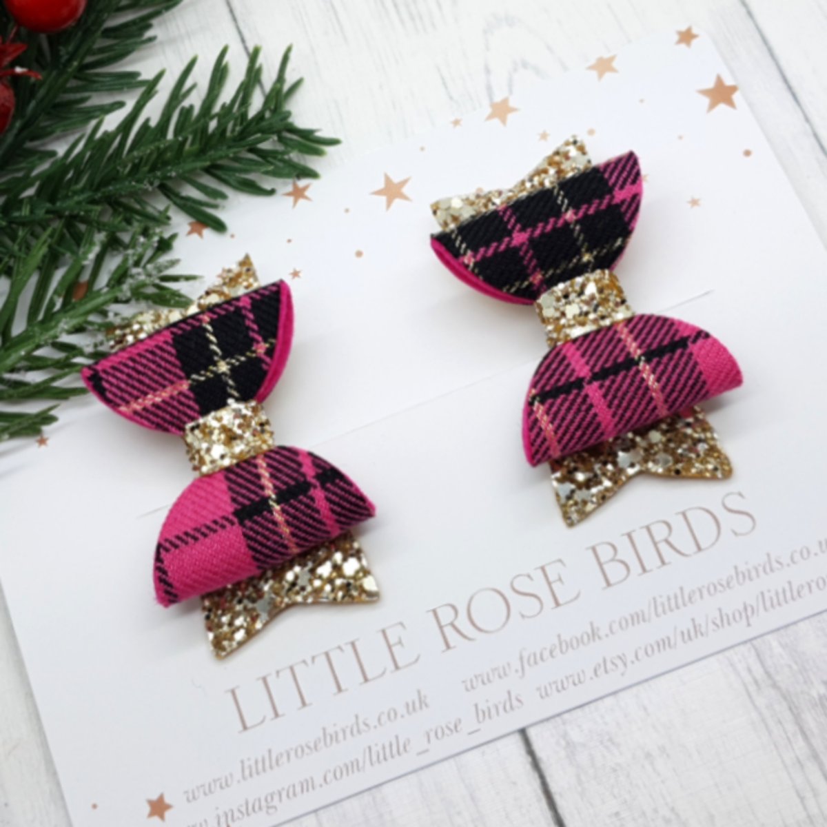 Image of Pink Tartan & Gold Glitter Pigtail Bows