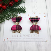 Image 2 of Pink Tartan & Gold Glitter Pigtail Bows