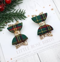 Image 1 of Green Tartan & Gold Glitter Pigtail Bows