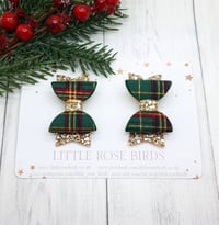 Image 2 of Green Tartan & Gold Glitter Pigtail Bows