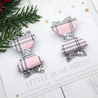 Image 1 of Pink Tartan & Silver Grey Pigtail Bows