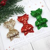 Set of 3 Red / Gold / Green Glitter Bows - Choice of Headband or Clip