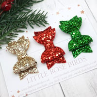 Image 1 of Set of 3 Red / Gold / Green Glitter Bows - Choice of Headband or Clip